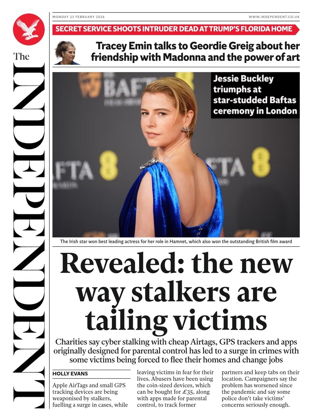 Front page of Independent, 23 February 2026