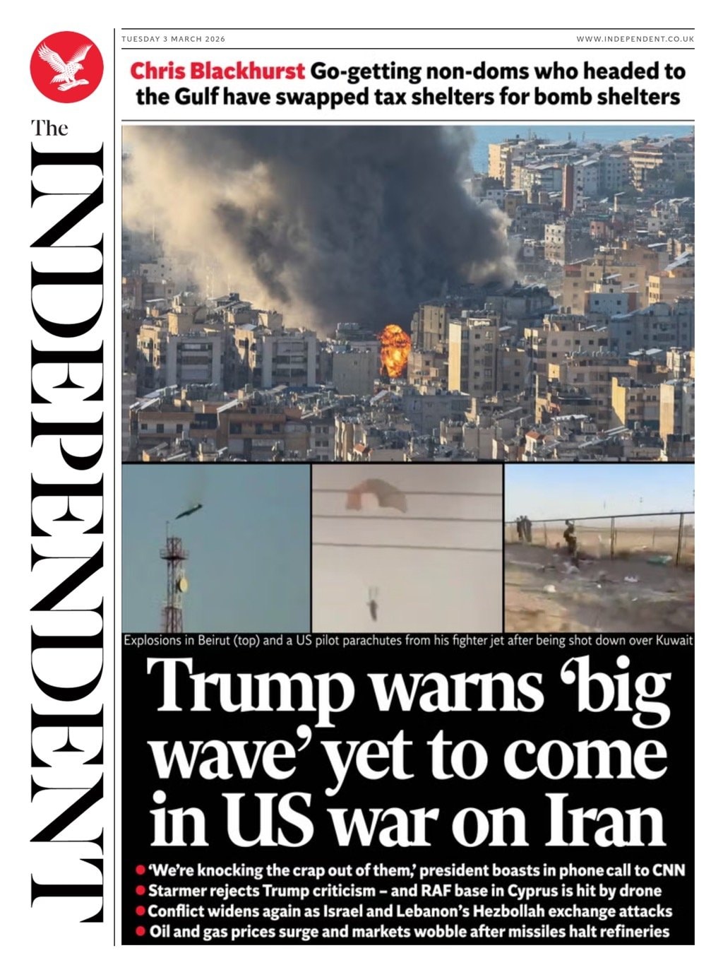 Front page of Independent, 3 March 2026