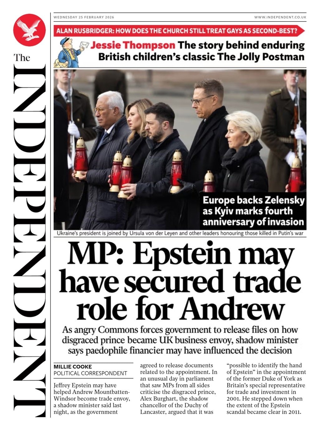 Front page of Independent, 25 February 2026