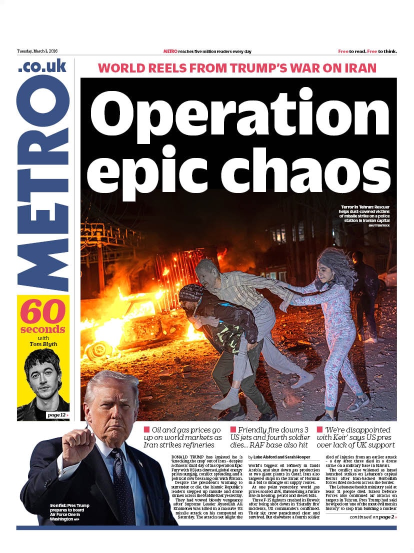 Front page of Metro, 3 March 2026