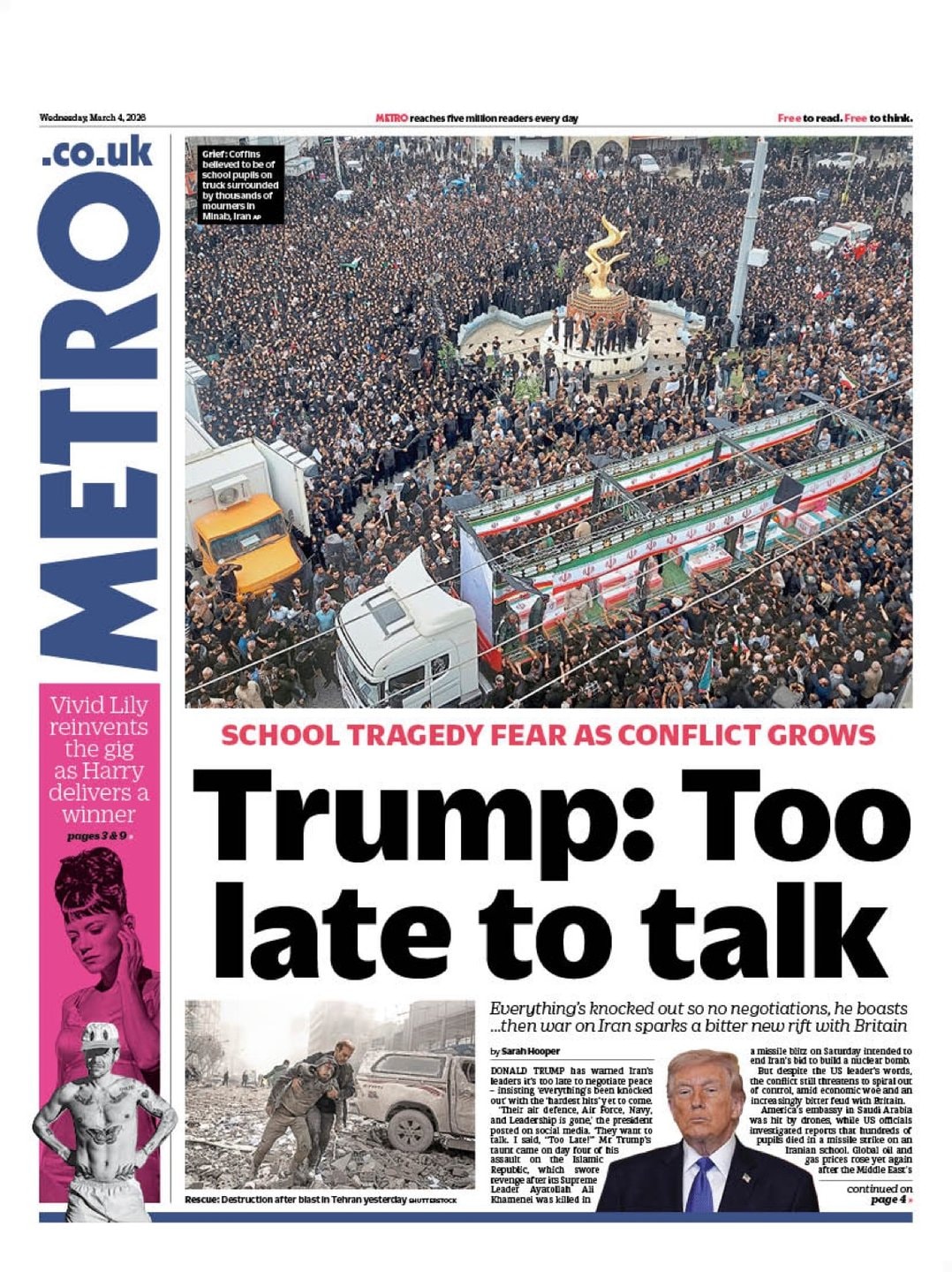 Front page of Metro, 4 March 2026
