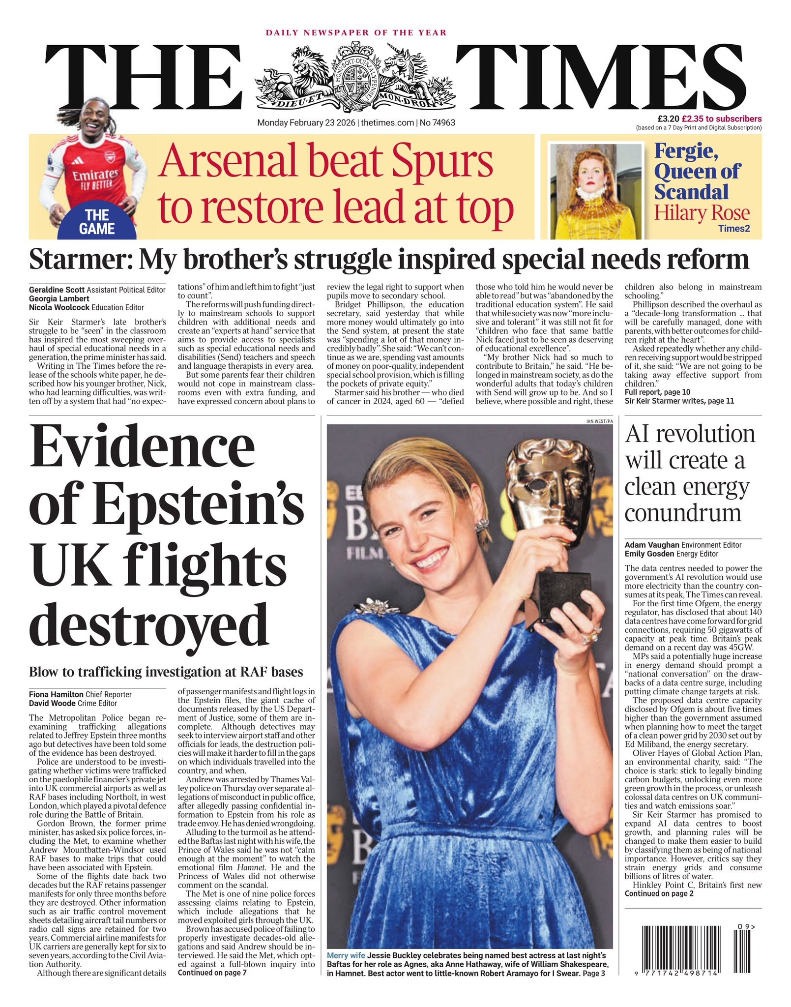 Front page of Times, 23 February 2026