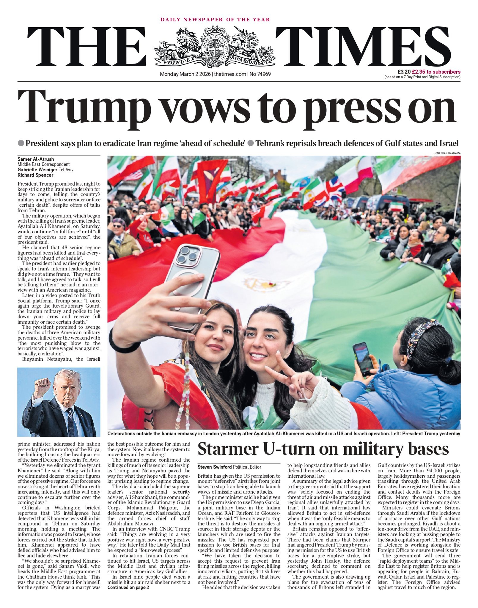 Front page of Times, 2 March 2026