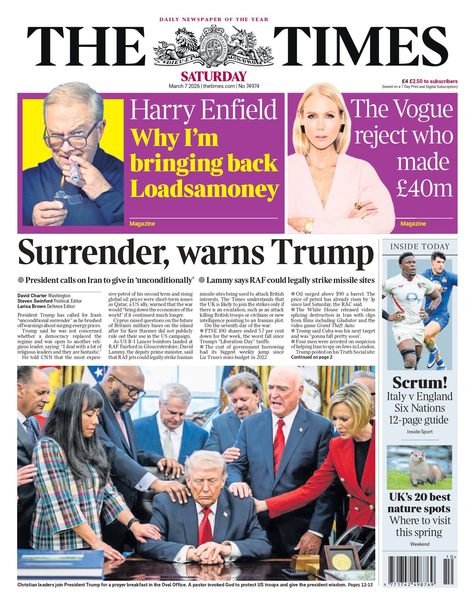 Front page of Times, 7 March 2026