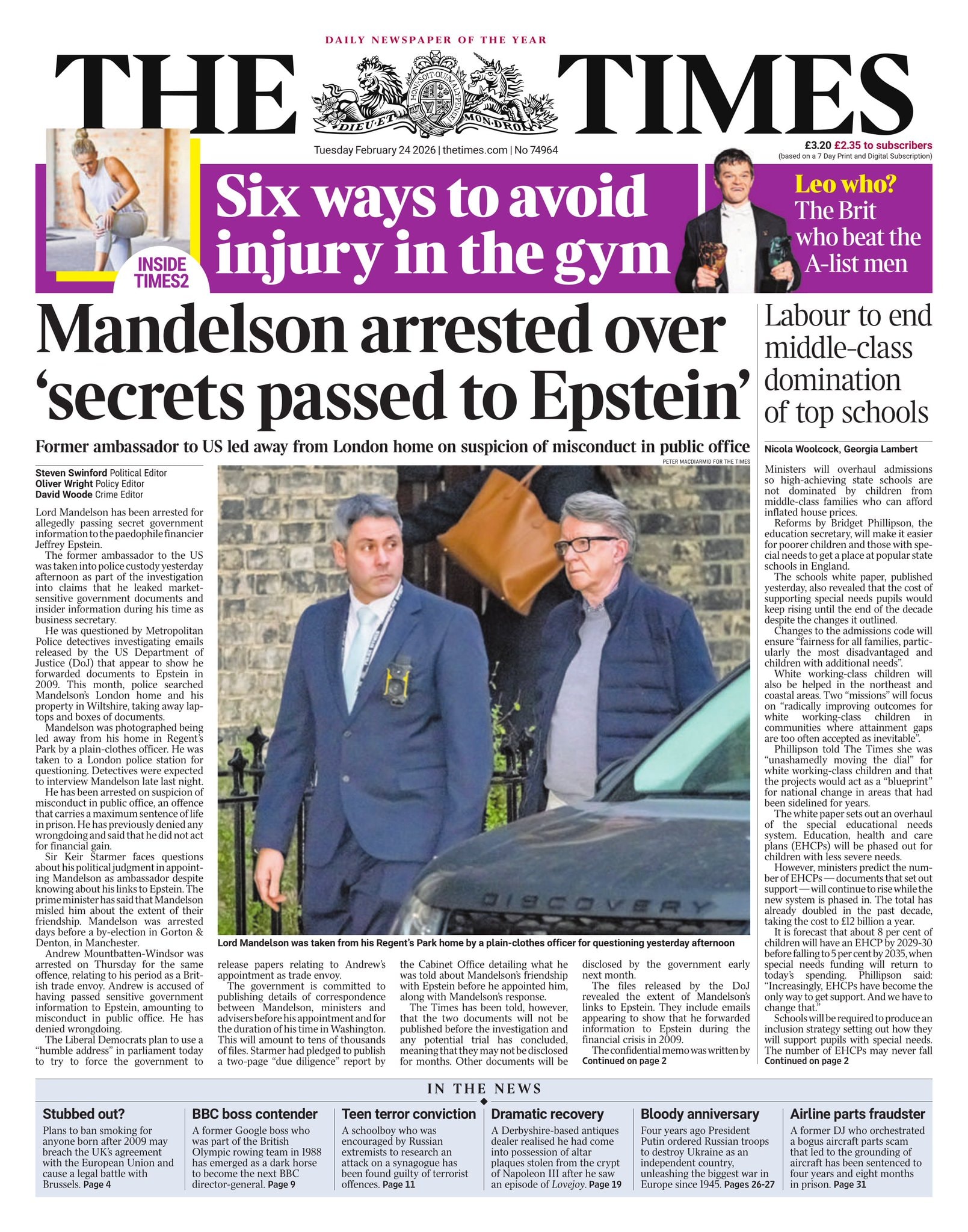 Front page of Times, 24 February 2026