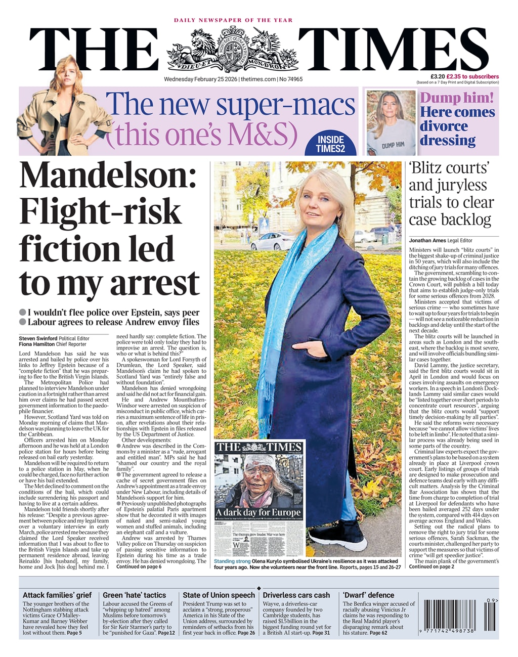 Front page of Times, 25 February 2026