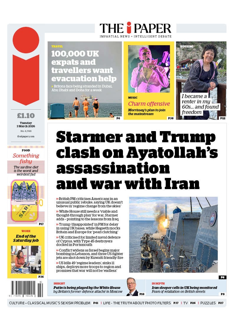 Front page of i, 3 March 2026